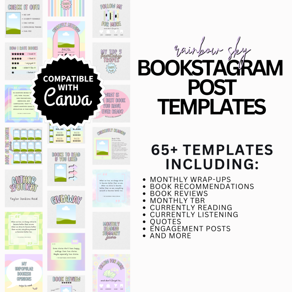 Bookstagram Posts, Templates || Rainbow Sky || 65+ Instagram Post Templates for Canva Editable Post Templates Customizable Easy to Use