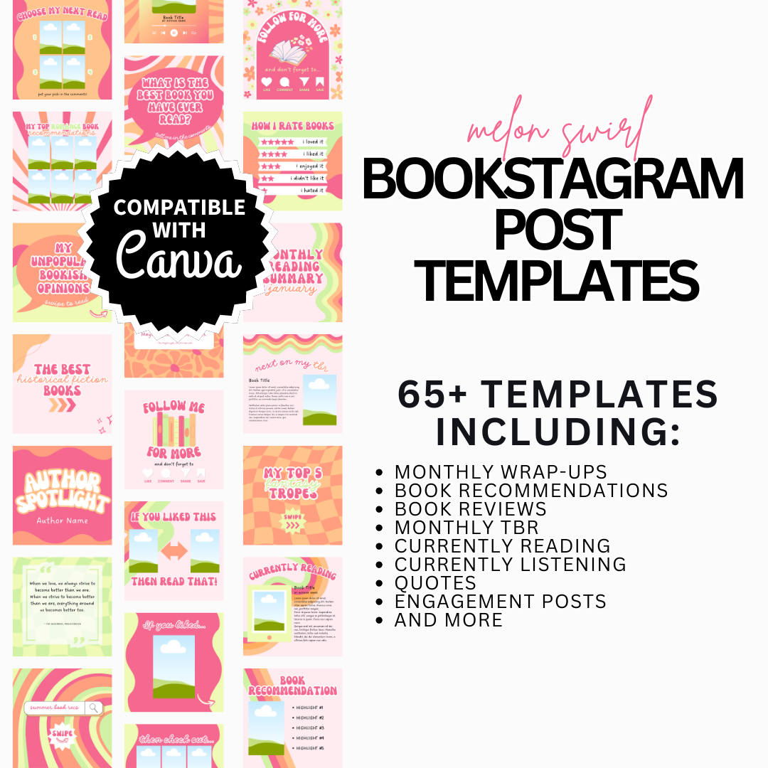 Bookstagram Posts, Templates || Melon Swirl || 65+ Instagram Post Templates for Canva Editable Post Templates Customizable Easy to Use